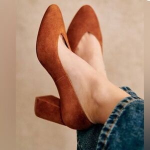 Sezane Rust Suede Pointed Toe Block Heels